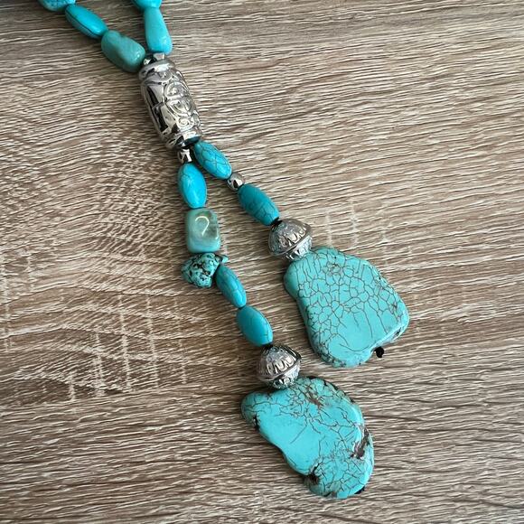 Chico's Faux Turquoise Bead Quad Strand Y Chunky Necklace Silver Tone - Picture 3 of 9